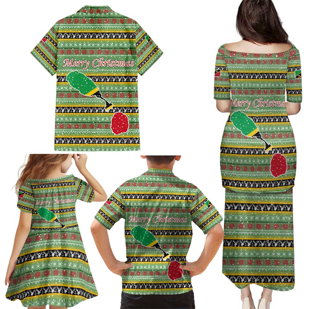 Saint Kitts and Nevis Christmas Family Matching Puletasi and Hawaiian Shirt with Green Red Black Xmas Sailboat and Map - Wonder Print Shop