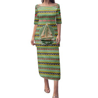 Saint Kitts and Nevis Christmas Family Matching Puletasi and Hawaiian Shirt with Green Red Black Xmas Sailboat and Map - Wonder Print Shop