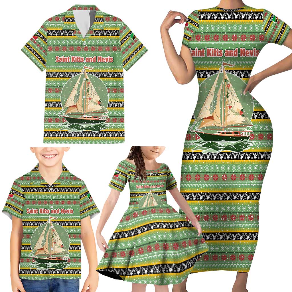 Saint Kitts and Nevis Christmas Family Matching Short Sleeve Bodycon Dress and Hawaiian Shirt with Green Red Black Xmas Sailboat and Map - Wonder Print Shop