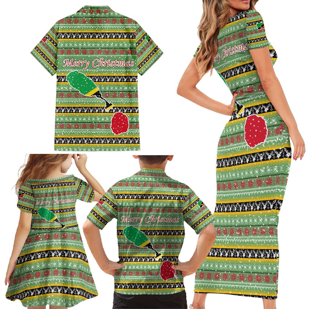 Saint Kitts and Nevis Christmas Family Matching Short Sleeve Bodycon Dress and Hawaiian Shirt with Green Red Black Xmas Sailboat and Map - Wonder Print Shop