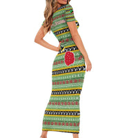 Saint Kitts and Nevis Christmas Family Matching Short Sleeve Bodycon Dress and Hawaiian Shirt with Green Red Black Xmas Sailboat and Map - Wonder Print Shop