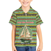 Saint Kitts and Nevis Christmas Family Matching Short Sleeve Bodycon Dress and Hawaiian Shirt with Green Red Black Xmas Sailboat and Map - Wonder Print Shop