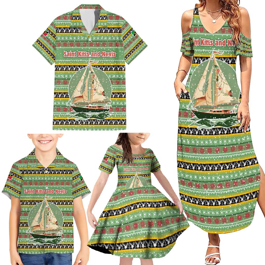 Saint Kitts and Nevis Christmas Family Matching Summer Maxi Dress and Hawaiian Shirt with Green Red Black Xmas Sailboat and Map - Wonder Print Shop