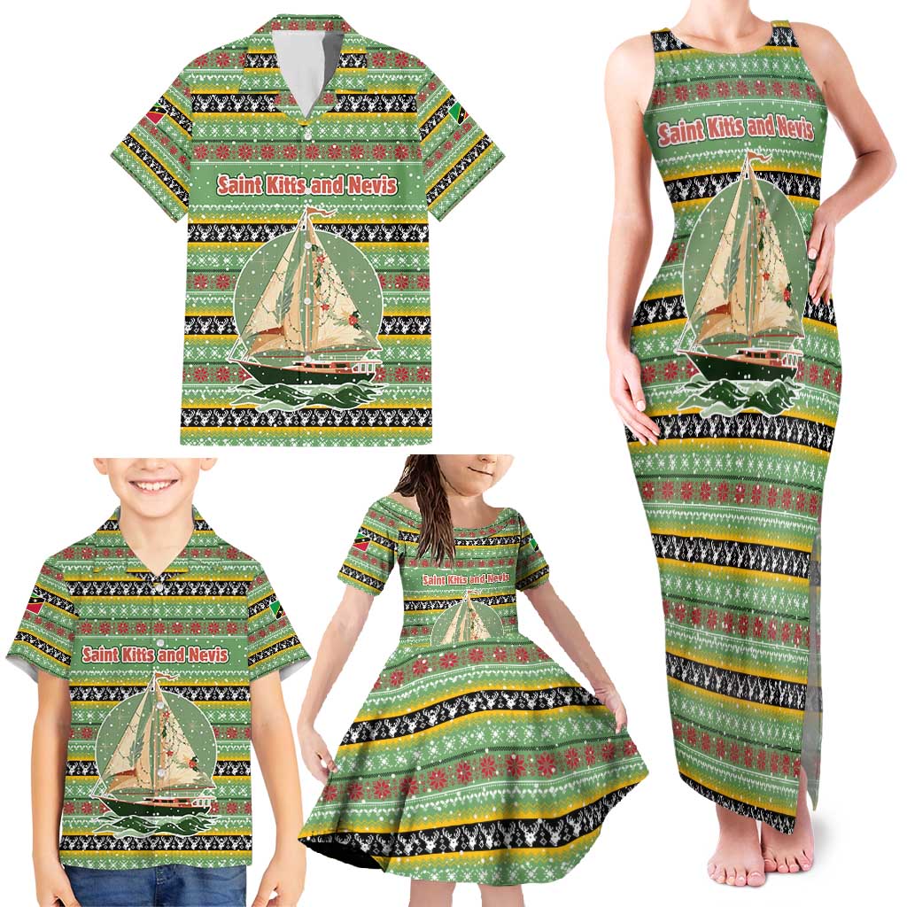Saint Kitts and Nevis Christmas Family Matching Tank Maxi Dress and Hawaiian Shirt with Green Red Black Xmas Sailboat and Map - Wonder Print Shop