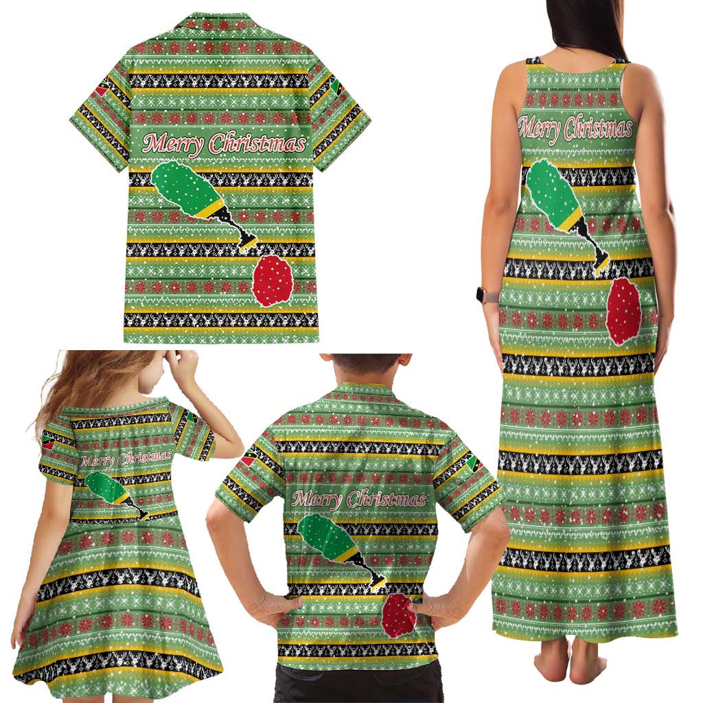 Saint Kitts and Nevis Christmas Family Matching Tank Maxi Dress and Hawaiian Shirt with Green Red Black Xmas Sailboat and Map - Wonder Print Shop