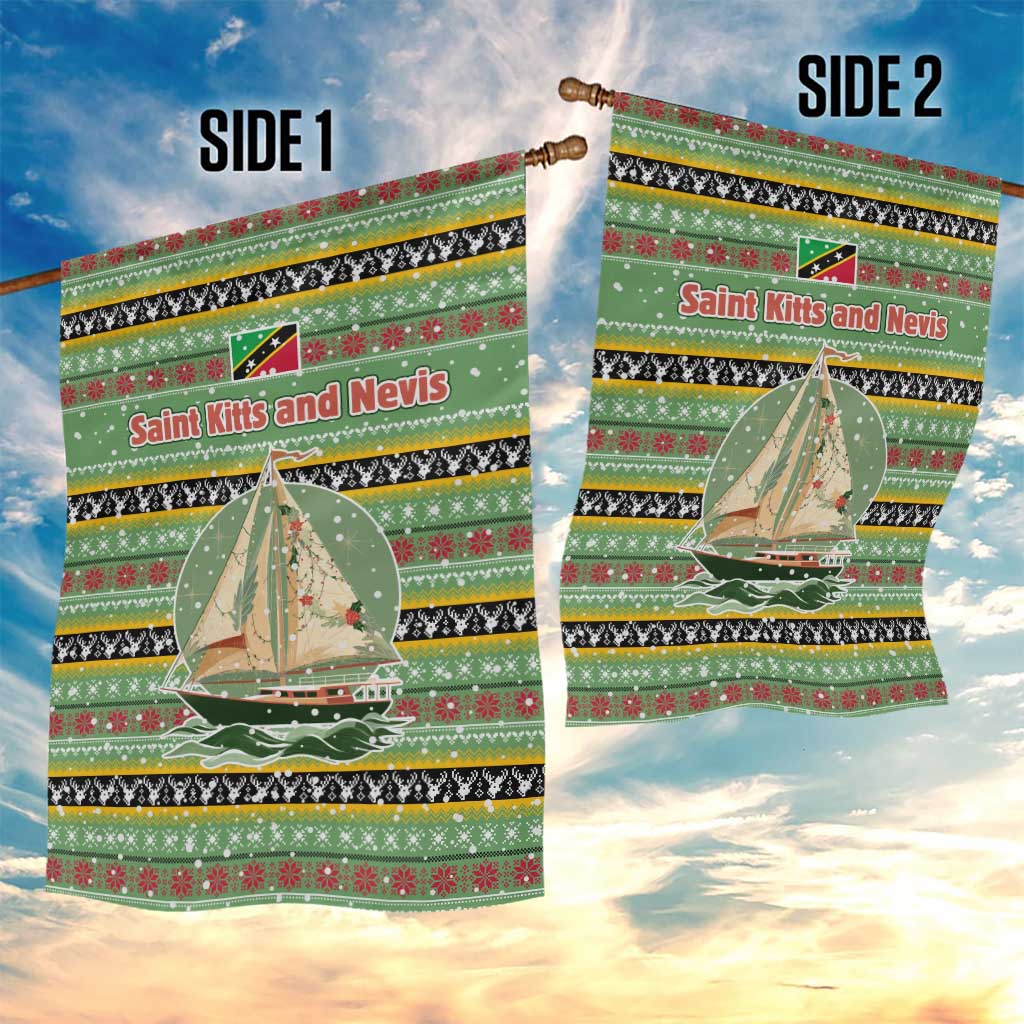 Saint Kitts and Nevis Christmas Garden Flag with Green Red Black Xmas Sailboat and Map - Wonder Print Shop
