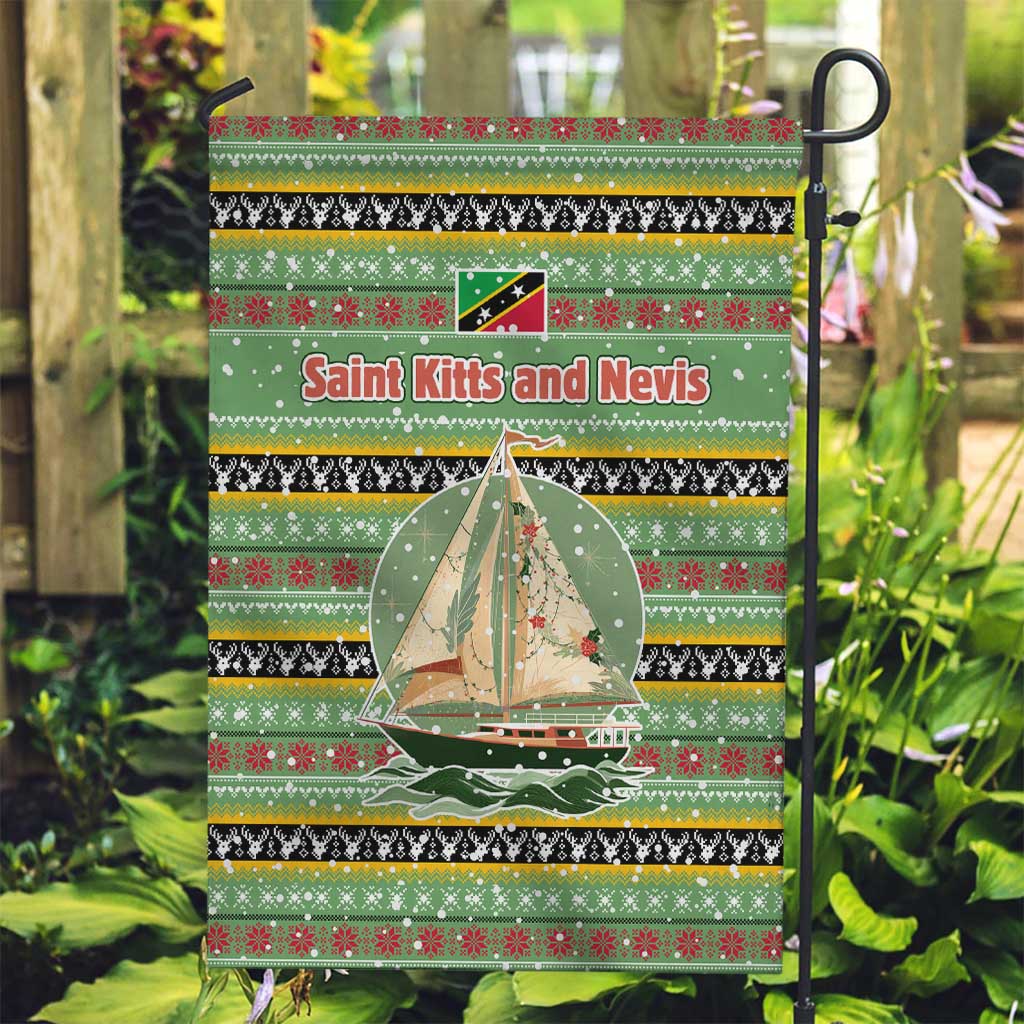 Saint Kitts and Nevis Christmas Garden Flag with Green Red Black Xmas Sailboat and Map - Wonder Print Shop