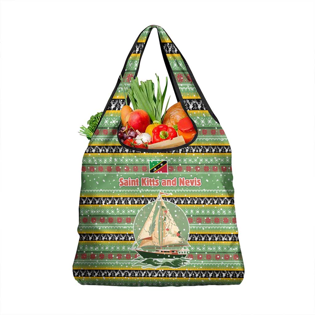 Saint Kitts and Nevis Christmas Grocery Bag with Green Red Black Xmas Sailboat and Map - Wonder Print Shop