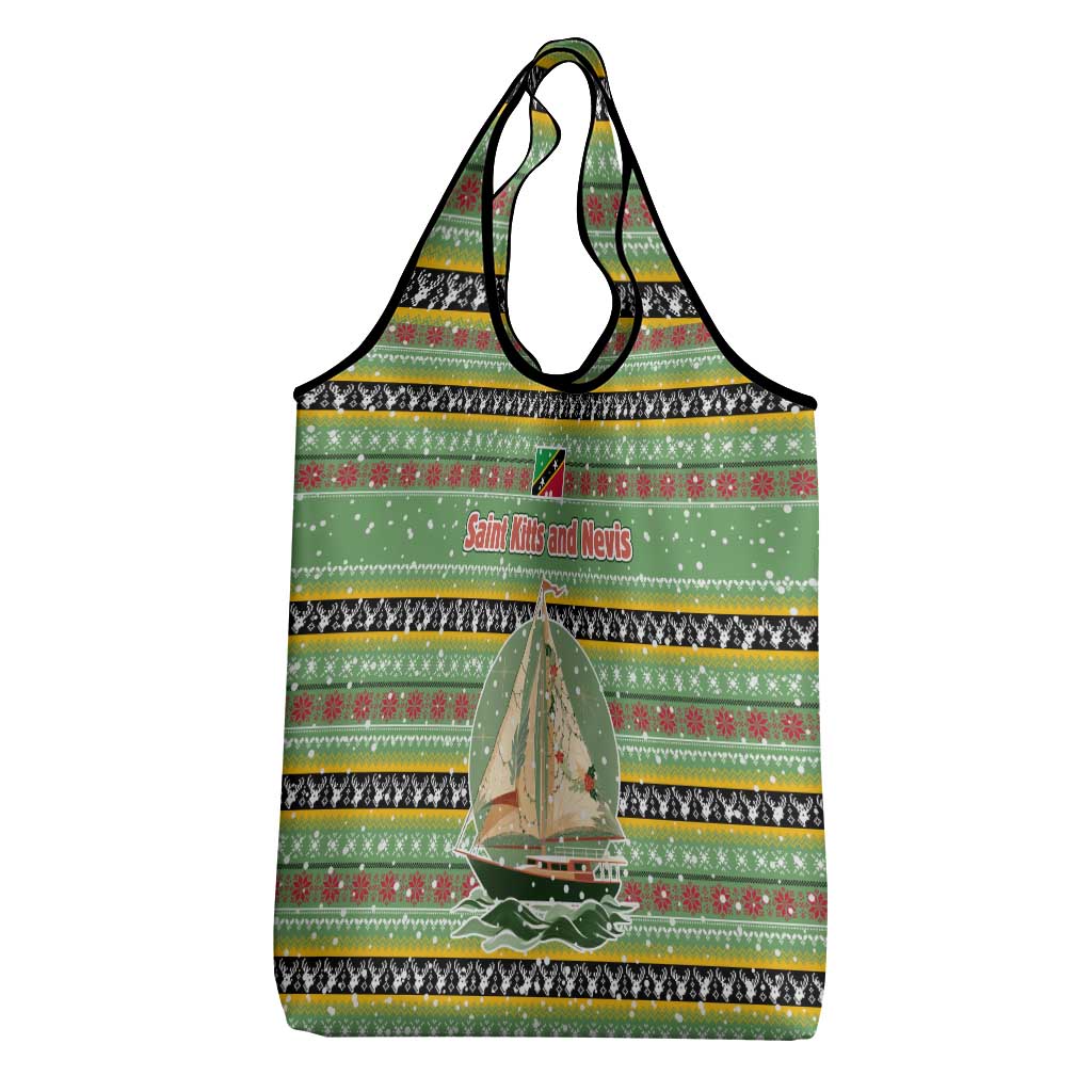 Saint Kitts and Nevis Christmas Grocery Bag with Green Red Black Xmas Sailboat and Map - Wonder Print Shop