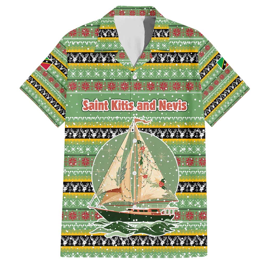 Saint Kitts and Nevis Christmas Hawaiian Shirt with Green Red Black Xmas Sailboat and Map - Wonder Print Shop
