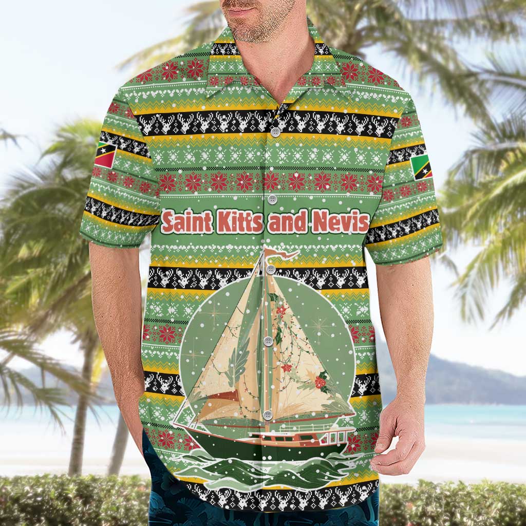 Saint Kitts and Nevis Christmas Hawaiian Shirt with Green Red Black Xmas Sailboat and Map - Wonder Print Shop