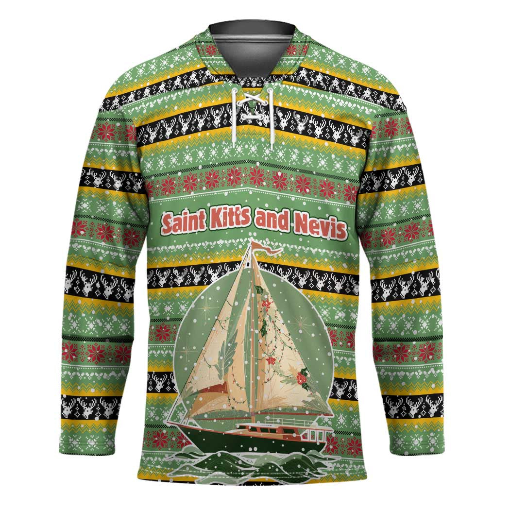 Saint Kitts and Nevis Christmas Hockey Jersey with Green Red Black Xmas Sailboat and Map - Wonder Print Shop