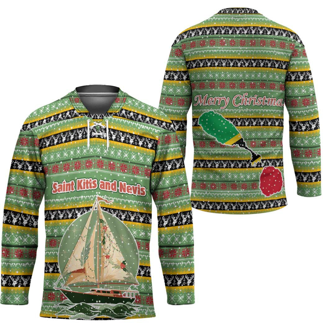 Saint Kitts and Nevis Christmas Hockey Jersey with Green Red Black Xmas Sailboat and Map - Wonder Print Shop
