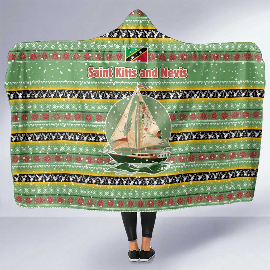 Saint Kitts and Nevis Christmas Hooded Blanket with Green Red Black Xmas Sailboat and Map - Wonder Print Shop