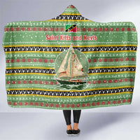 Saint Kitts and Nevis Christmas Hooded Blanket with Green Red Black Xmas Sailboat and Map - Wonder Print Shop