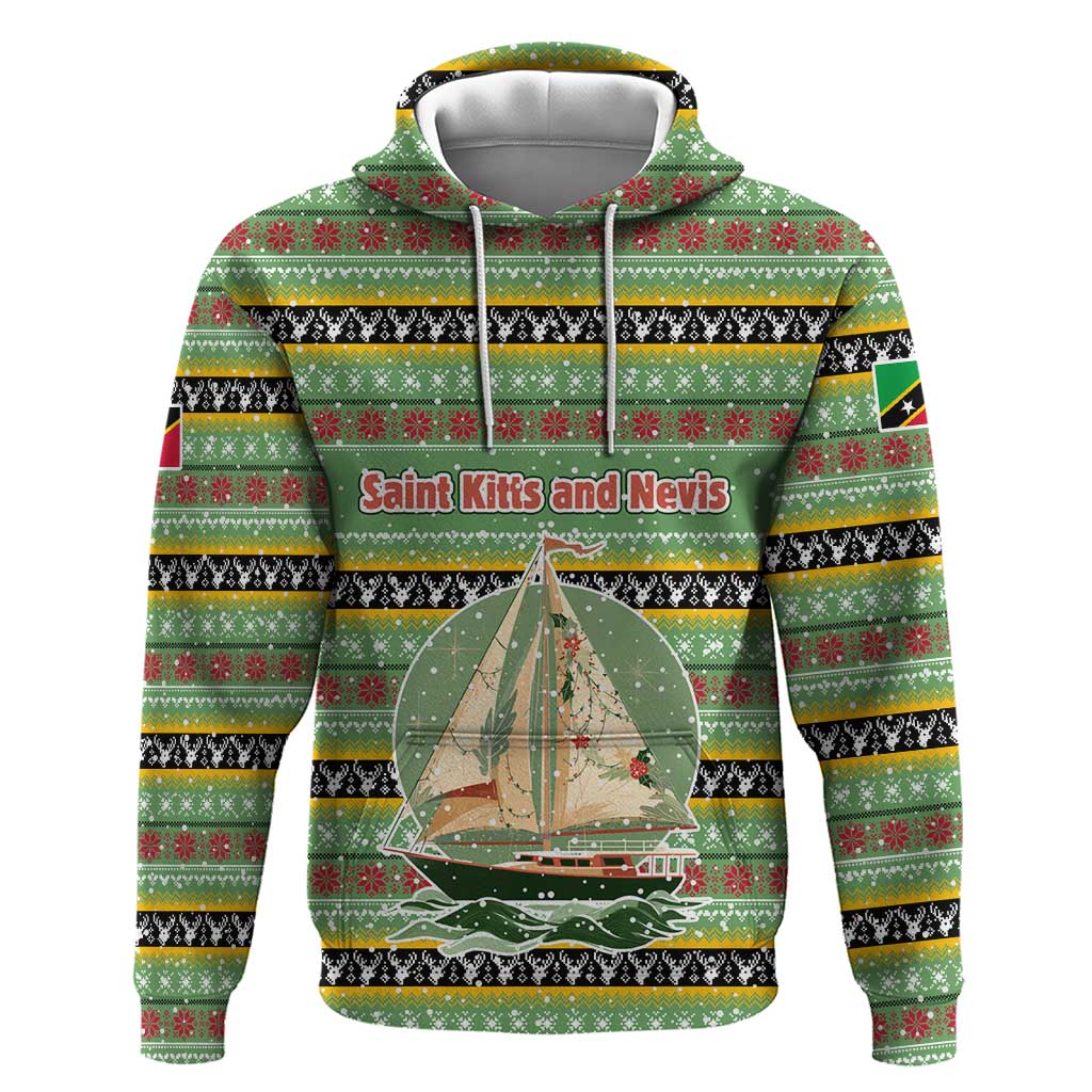 Saint Kitts and Nevis Christmas Hoodie with Green Red Black Xmas Sailboat and Map - Wonder Print Shop