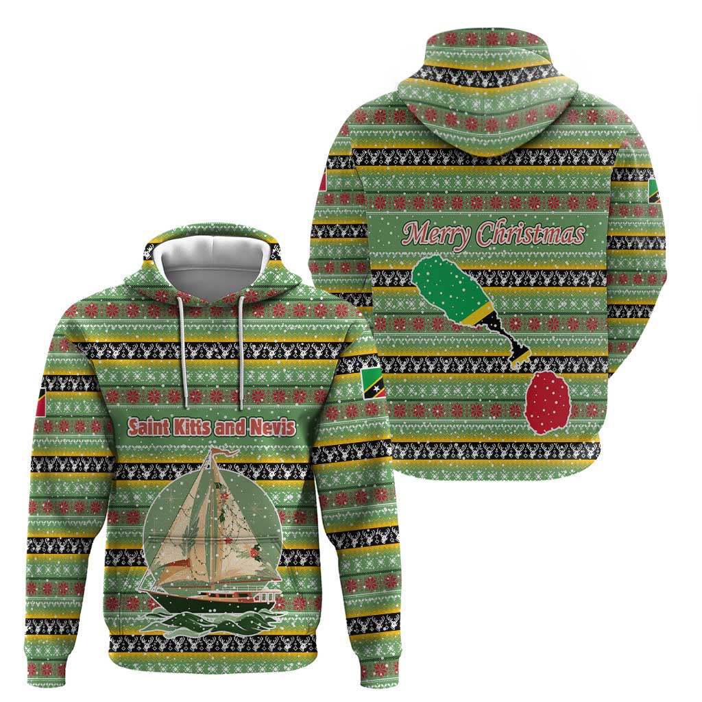 Saint Kitts and Nevis Christmas Hoodie with Green Red Black Xmas Sailboat and Map - Wonder Print Shop