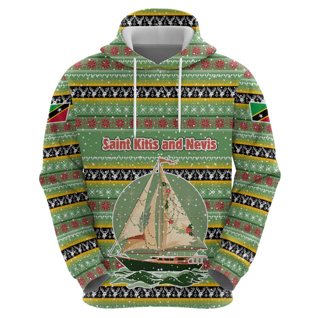 Saint Kitts and Nevis Christmas Hoodie with Green Red Black Xmas Sailboat and Map - Wonder Print Shop