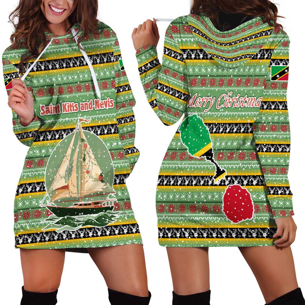 Saint Kitts and Nevis Christmas Hoodie Dress with Green Red Black Xmas Sailboat and Map - Wonder Print Shop