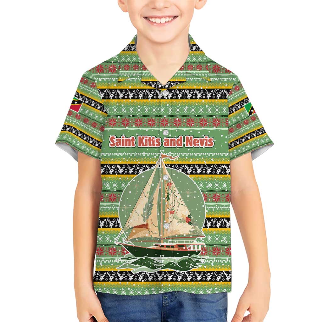 Saint Kitts and Nevis Christmas Kid Hawaiian Shirt with Green Red Black Xmas Sailboat and Map - Wonder Print Shop