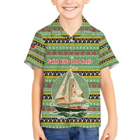 Saint Kitts and Nevis Christmas Kid Hawaiian Shirt with Green Red Black Xmas Sailboat and Map - Wonder Print Shop