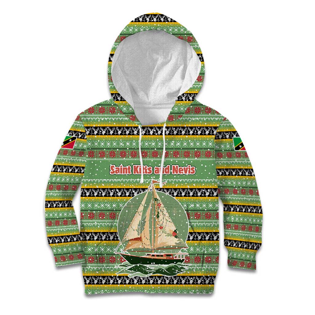 Saint Kitts and Nevis Christmas Kid Hoodie with Green Red Black Xmas Sailboat and Map - Wonder Print Shop