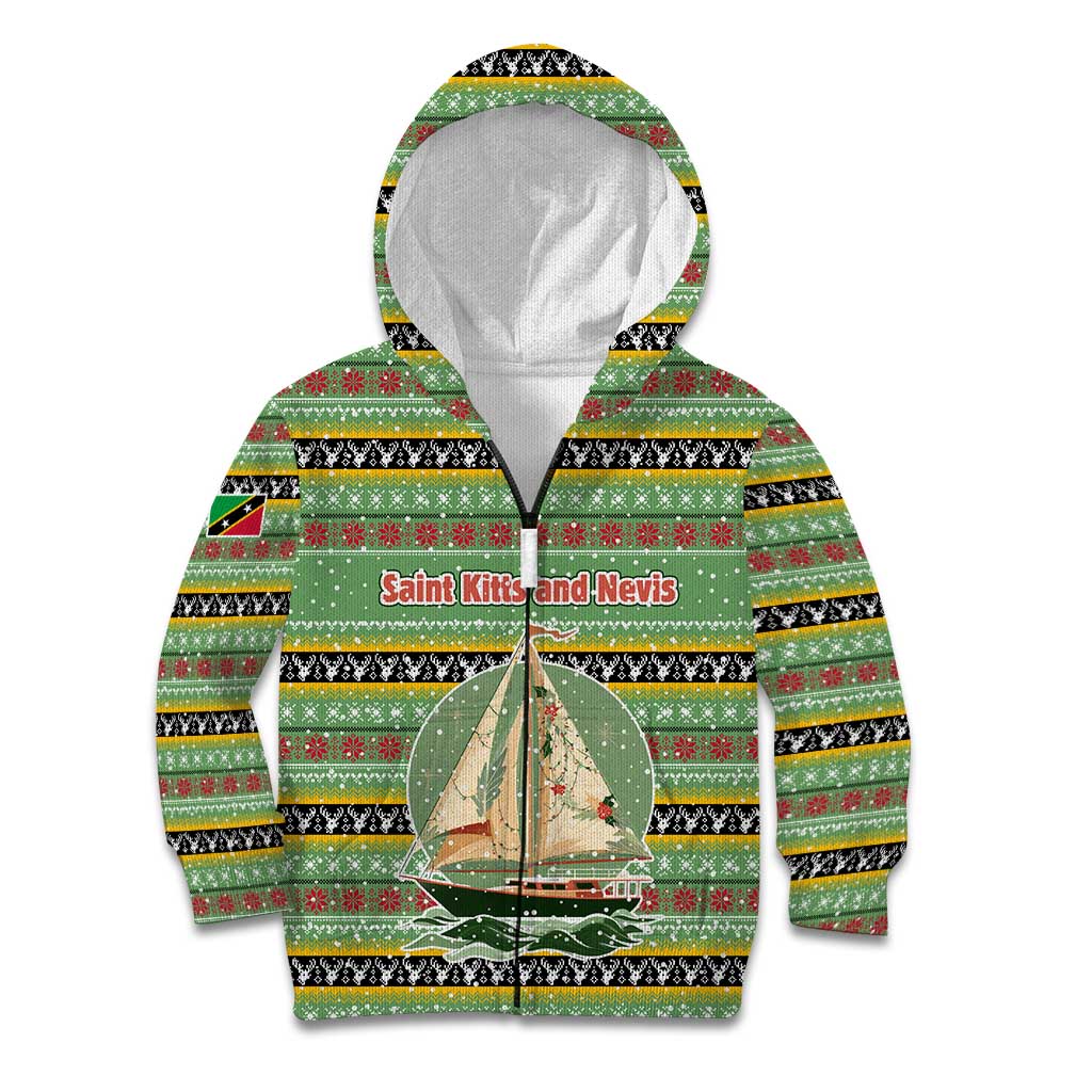 Saint Kitts and Nevis Christmas Kid Hoodie with Green Red Black Xmas Sailboat and Map - Wonder Print Shop