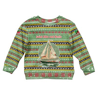Saint Kitts and Nevis Christmas Kid Ugly Christmas Sweater with Green Red Black Xmas Sailboat and Map - Wonder Print Shop