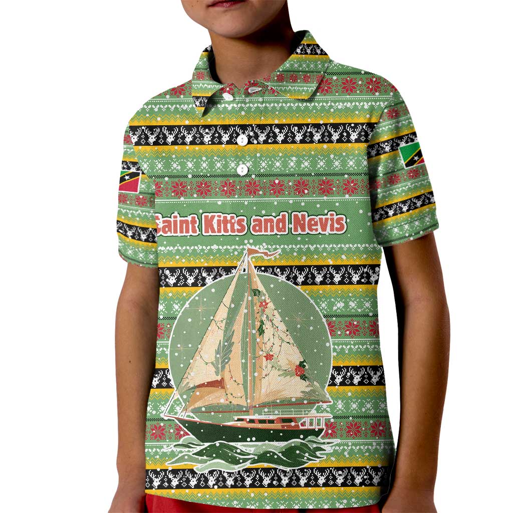 Saint Kitts and Nevis Christmas Kid Polo Shirt with Green Red Black Xmas Sailboat and Map - Wonder Print Shop