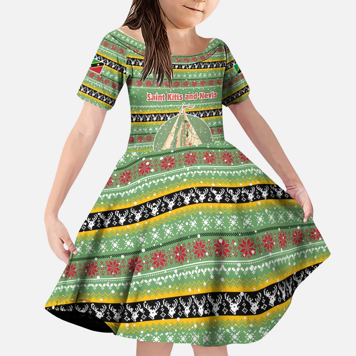 Saint Kitts and Nevis Christmas Kid Short Sleeve Dress with Green Red Black Xmas Sailboat and Map - Wonder Print Shop
