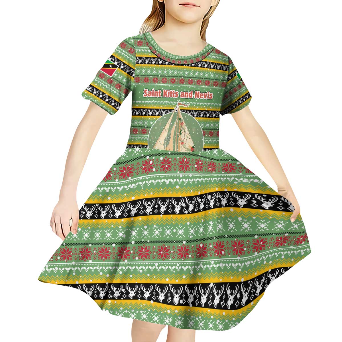 Saint Kitts and Nevis Christmas Kid Short Sleeve Dress with Green Red Black Xmas Sailboat and Map - Wonder Print Shop