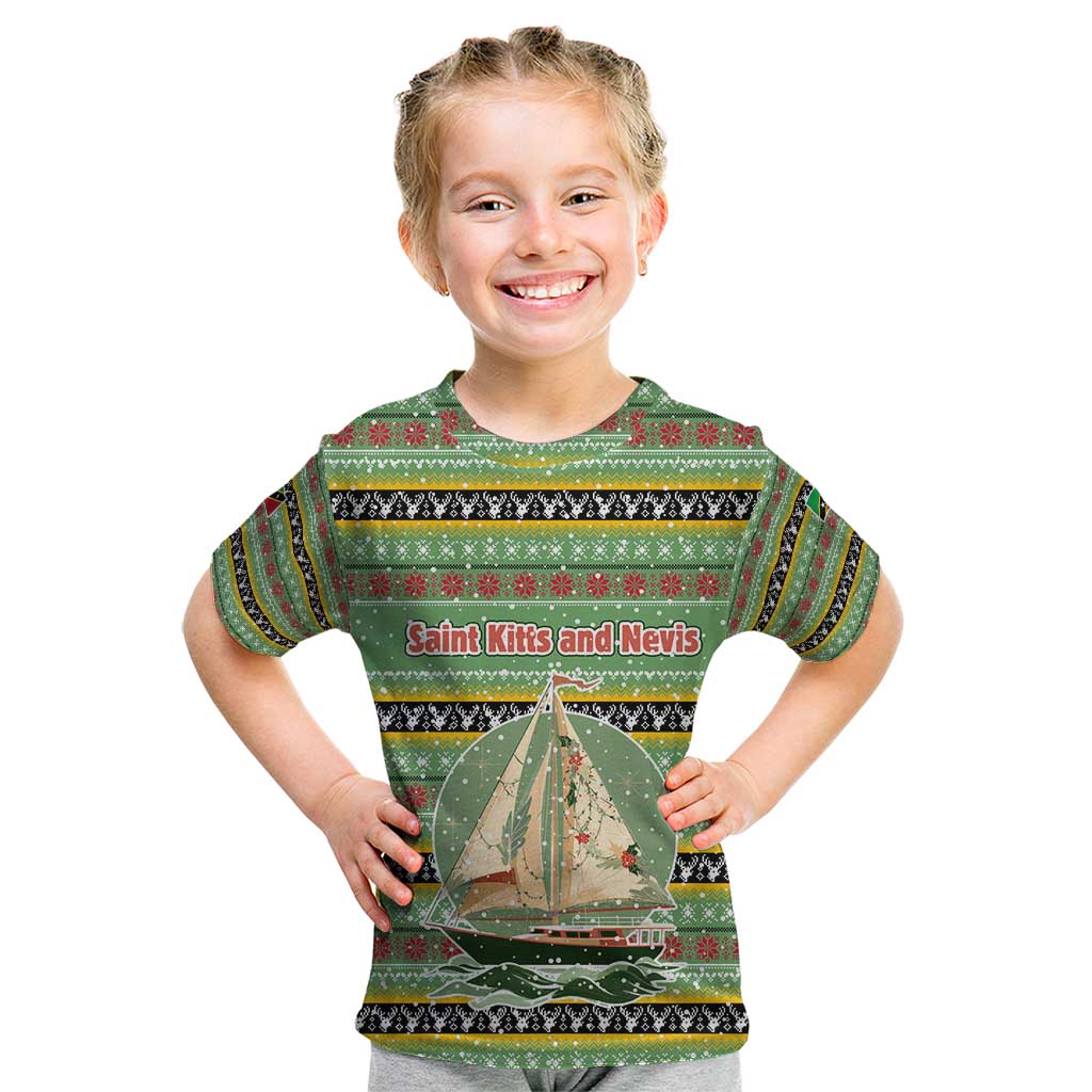 Saint Kitts and Nevis Christmas Kid T Shirt with Green Red Black Xmas Sailboat and Map - Wonder Print Shop