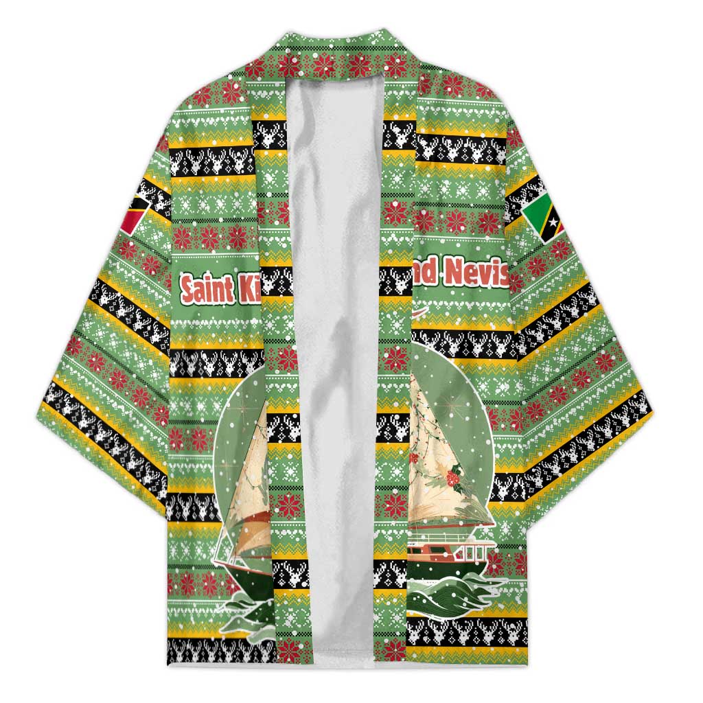 Saint Kitts and Nevis Christmas Kimono with Green Red Black Xmas Sailboat and Map - Wonder Print Shop