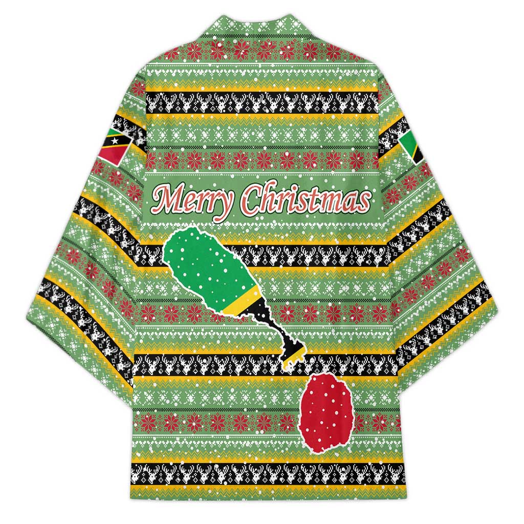 Saint Kitts and Nevis Christmas Kimono with Green Red Black Xmas Sailboat and Map - Wonder Print Shop