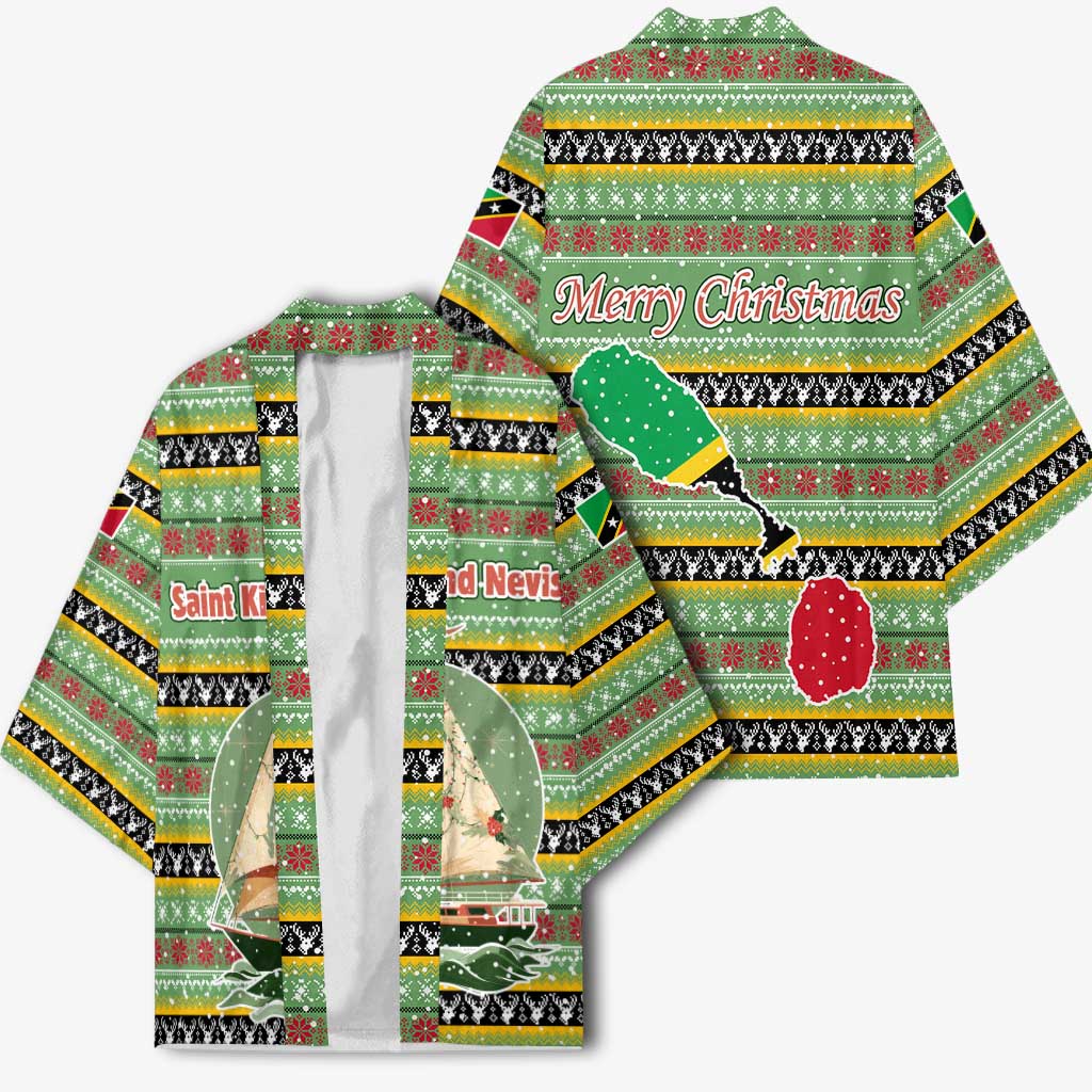 Saint Kitts and Nevis Christmas Kimono with Green Red Black Xmas Sailboat and Map - Wonder Print Shop