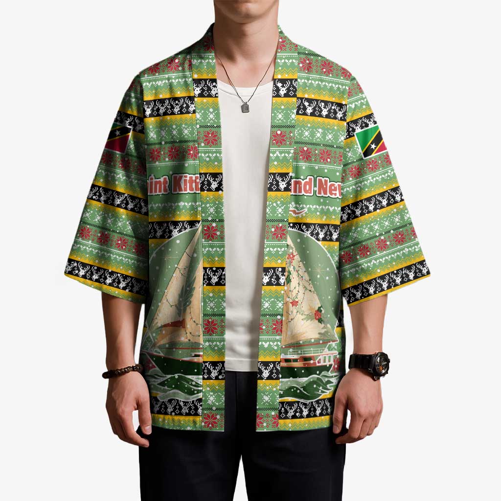 Saint Kitts and Nevis Christmas Kimono with Green Red Black Xmas Sailboat and Map - Wonder Print Shop