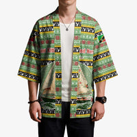 Saint Kitts and Nevis Christmas Kimono with Green Red Black Xmas Sailboat and Map - Wonder Print Shop