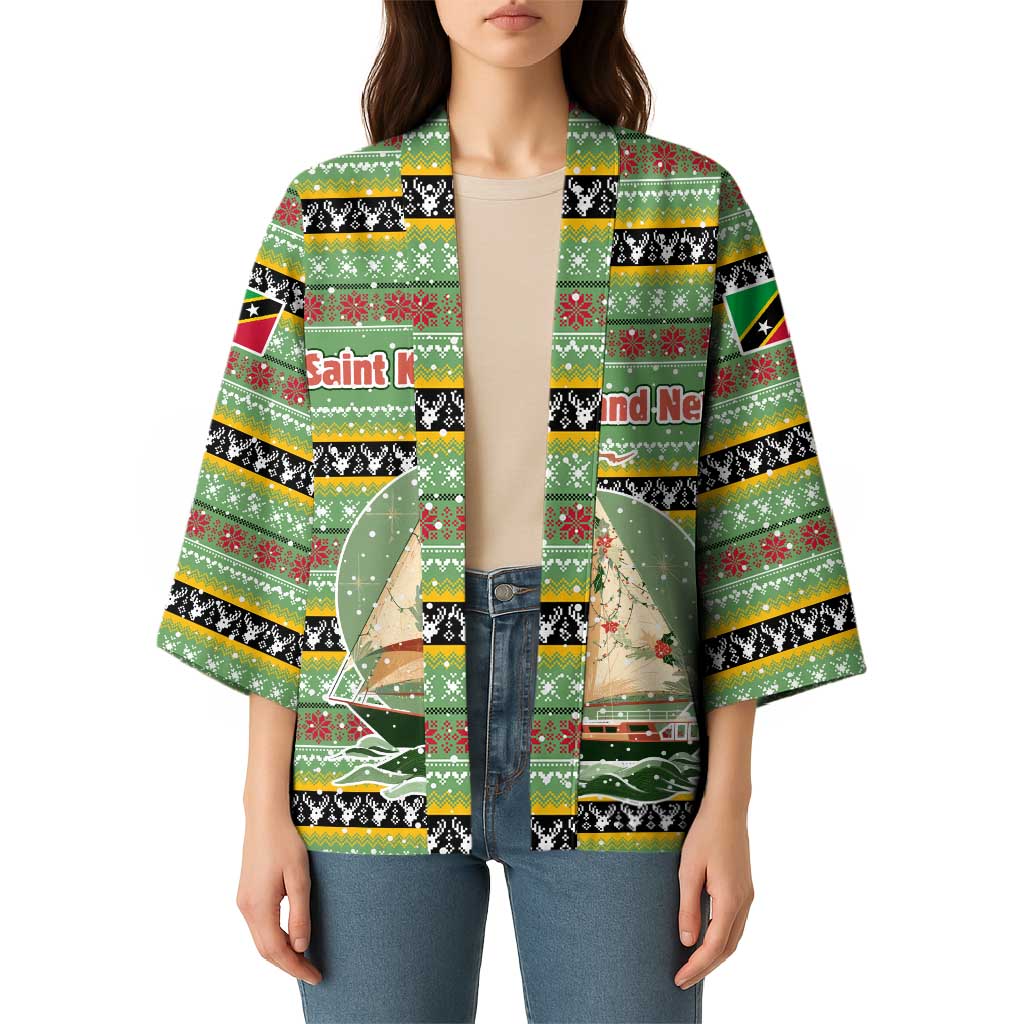 Saint Kitts and Nevis Christmas Kimono with Green Red Black Xmas Sailboat and Map - Wonder Print Shop