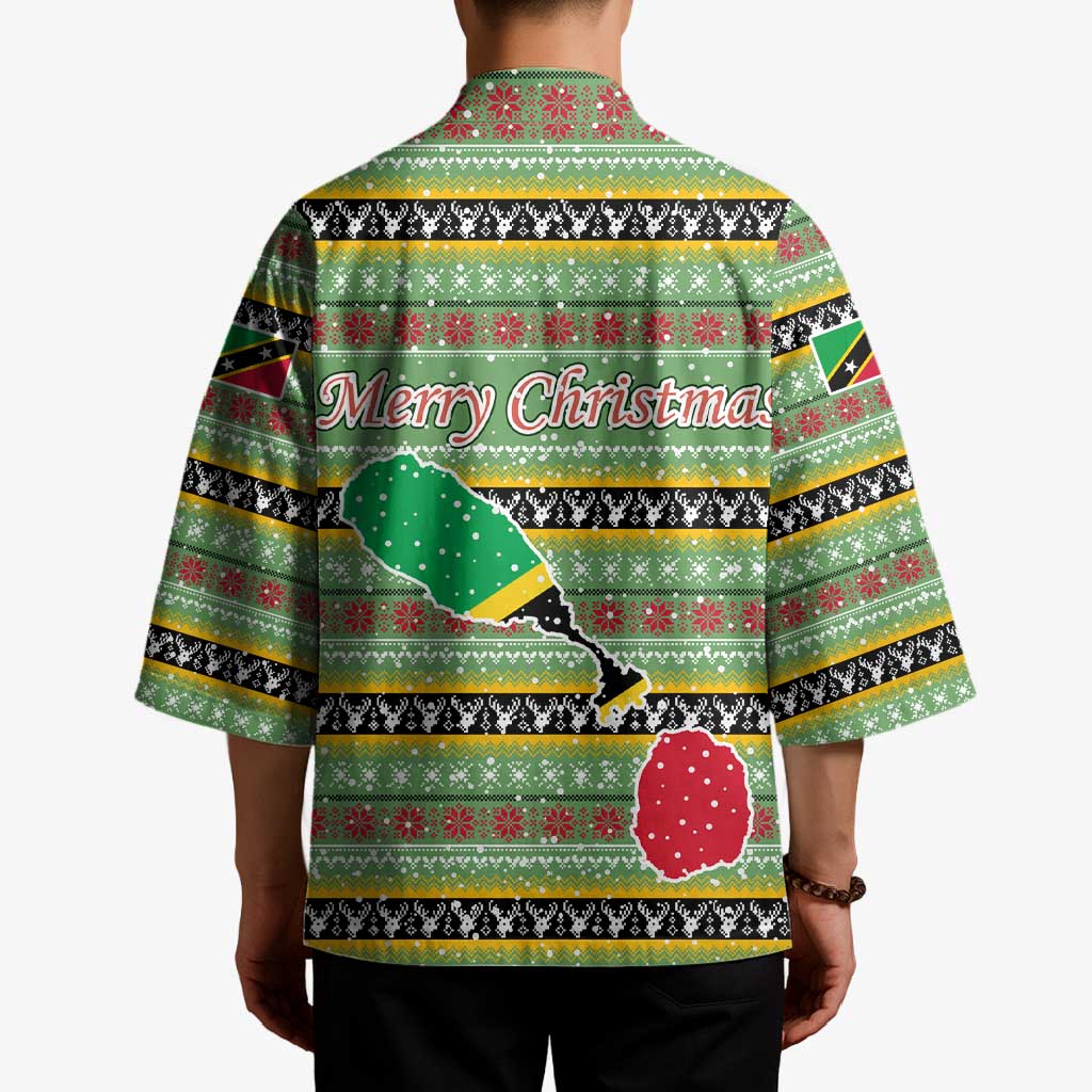 Saint Kitts and Nevis Christmas Kimono with Green Red Black Xmas Sailboat and Map - Wonder Print Shop