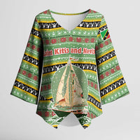 Saint Kitts and Nevis Christmas Kimono Sleeve Blouse with Green Red Black Xmas Sailboat and Map - Wonder Print Shop