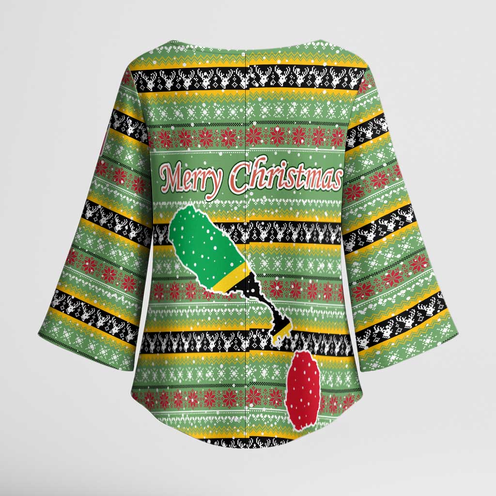 Saint Kitts and Nevis Christmas Kimono Sleeve Blouse with Green Red Black Xmas Sailboat and Map - Wonder Print Shop