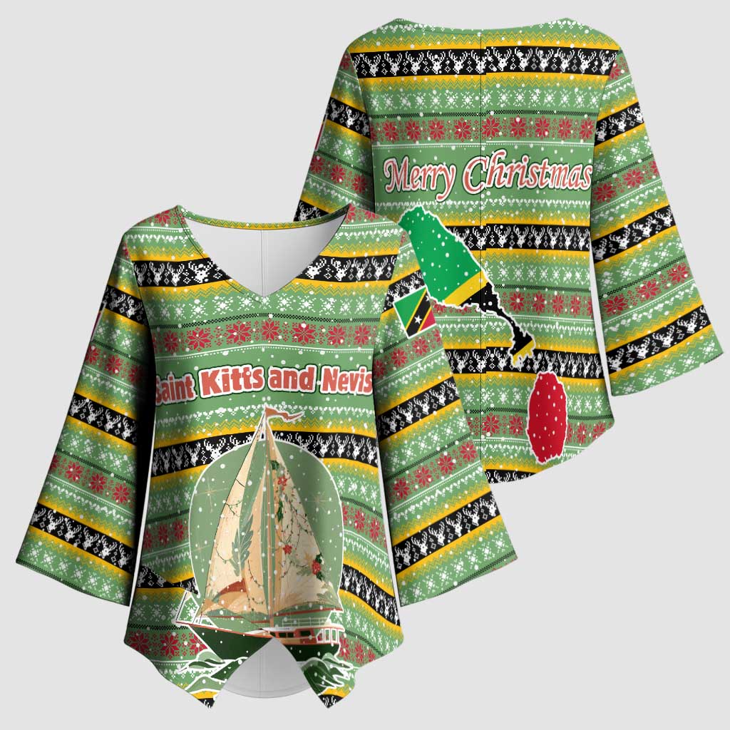 Saint Kitts and Nevis Christmas Kimono Sleeve Blouse with Green Red Black Xmas Sailboat and Map - Wonder Print Shop