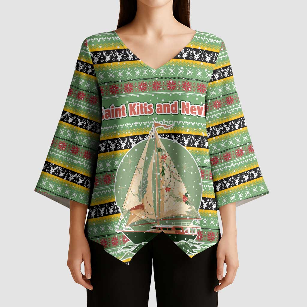 Saint Kitts and Nevis Christmas Kimono Sleeve Blouse with Green Red Black Xmas Sailboat and Map - Wonder Print Shop