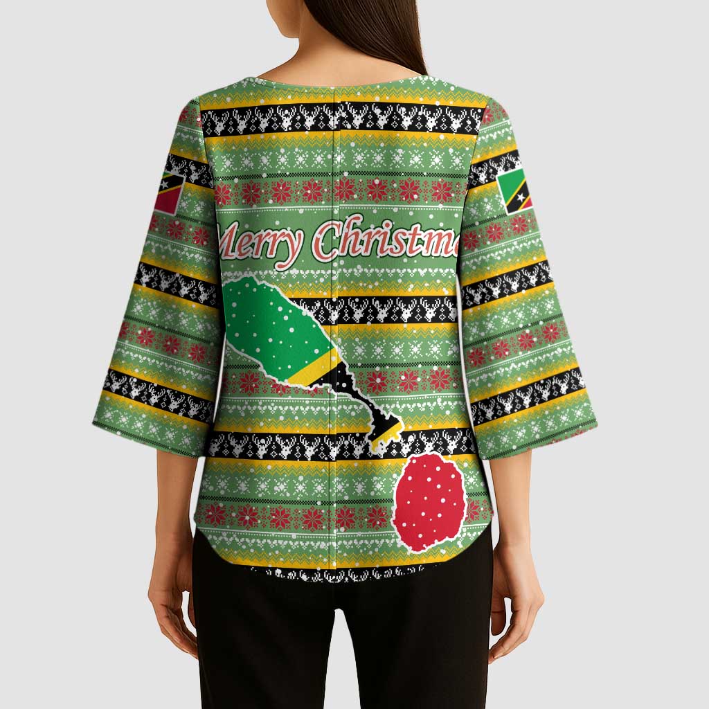 Saint Kitts and Nevis Christmas Kimono Sleeve Blouse with Green Red Black Xmas Sailboat and Map - Wonder Print Shop