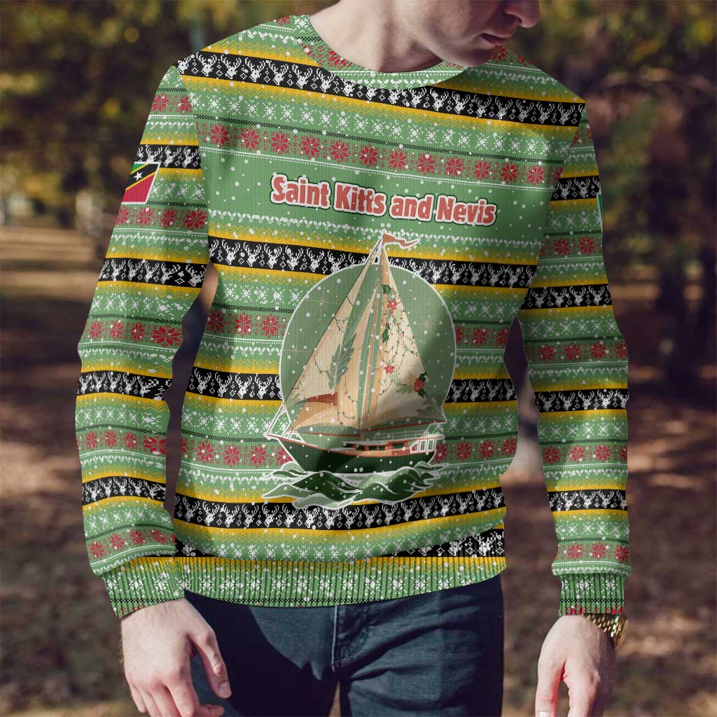 Saint Kitts and Nevis Christmas Ugly Christmas Sweater with Green Red Black Xmas Sailboat and Map - Wonder Print Shop