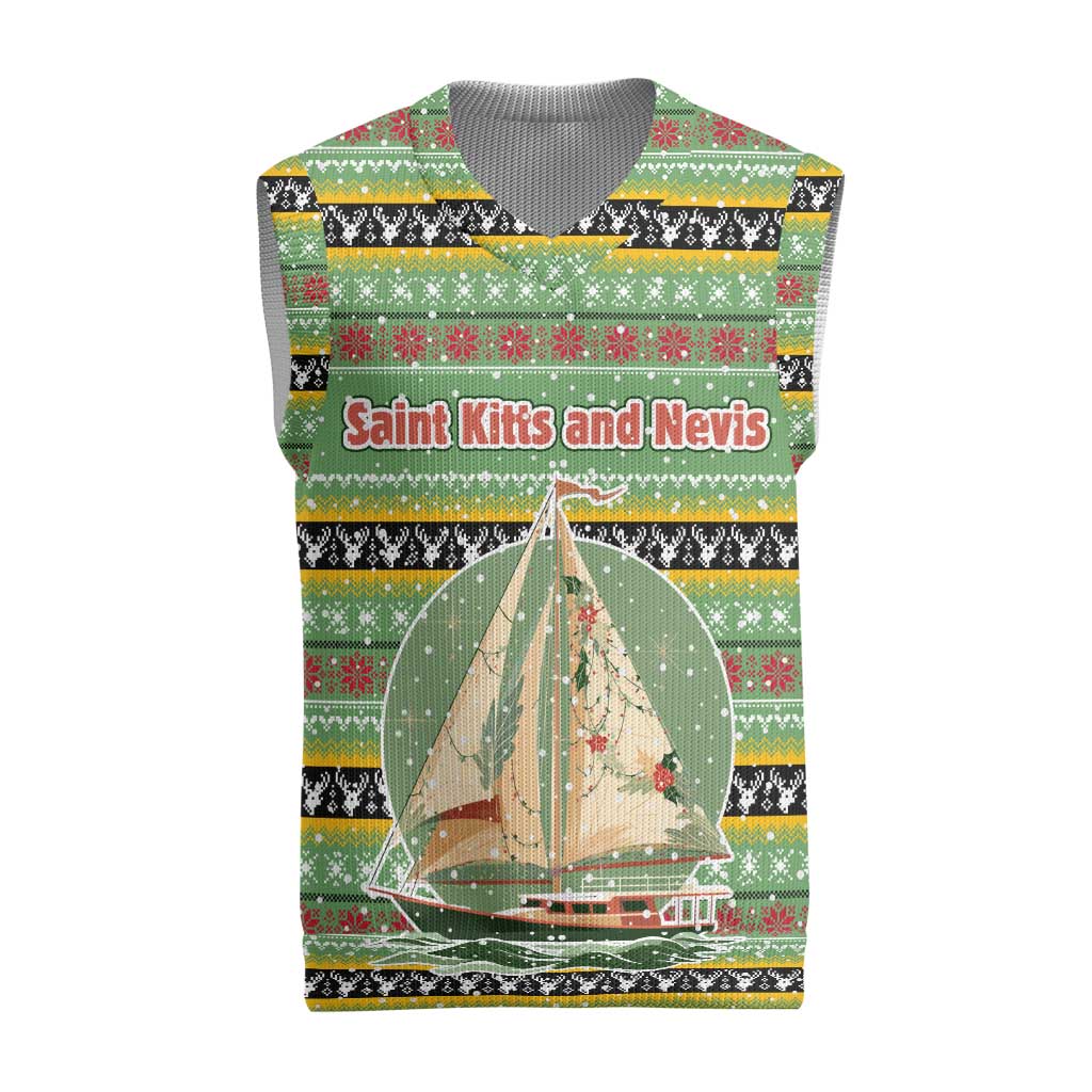 Saint Kitts and Nevis Christmas Knitted V-Neck Vest with Green Red Black Xmas Sailboat and Map - Wonder Print Shop
