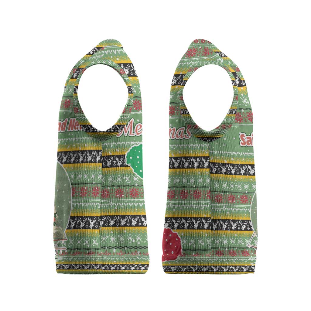 Saint Kitts and Nevis Christmas Knitted V-Neck Vest with Green Red Black Xmas Sailboat and Map - Wonder Print Shop