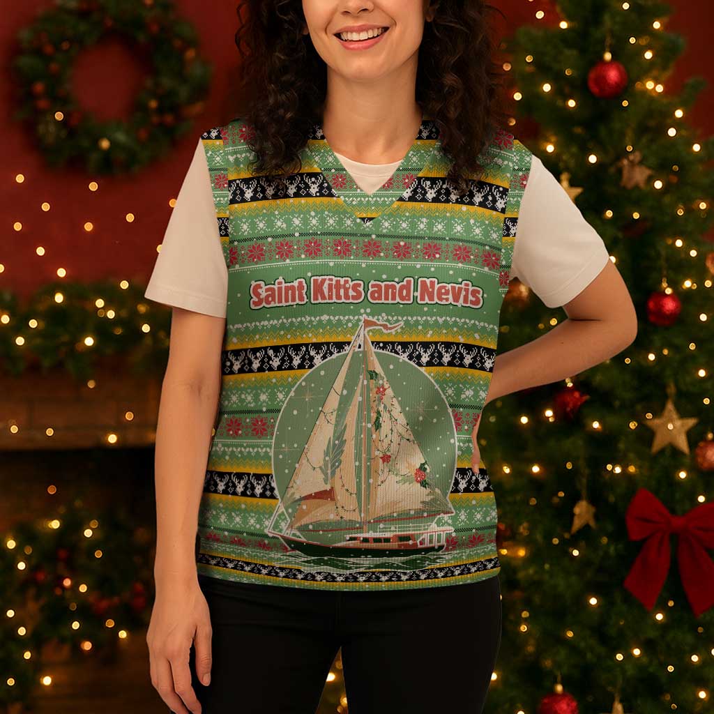 Saint Kitts and Nevis Christmas Knitted V-Neck Vest with Green Red Black Xmas Sailboat and Map - Wonder Print Shop