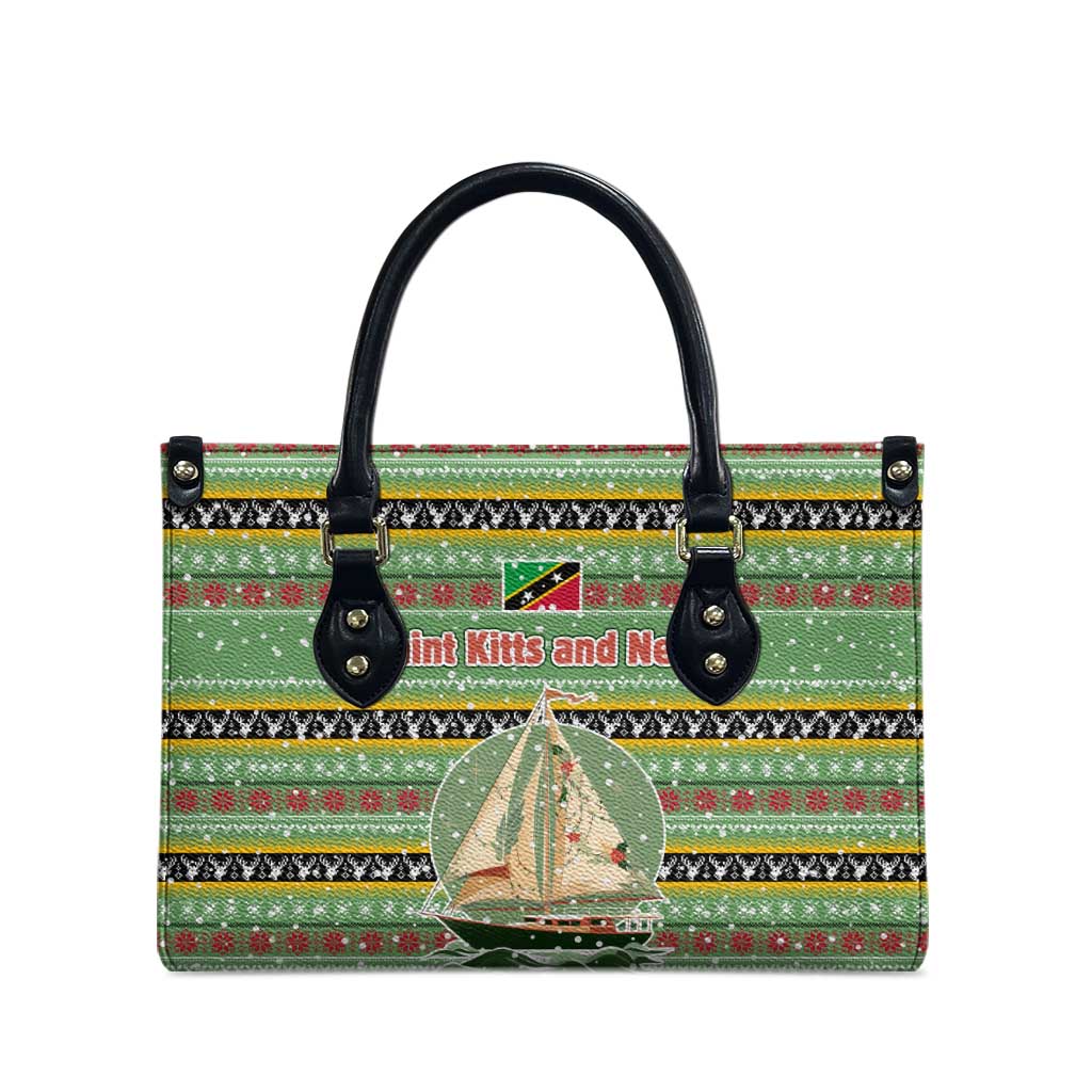 Saint Kitts and Nevis Christmas Leather Bag with Green Red Black Xmas Sailboat and Map - Wonder Print Shop