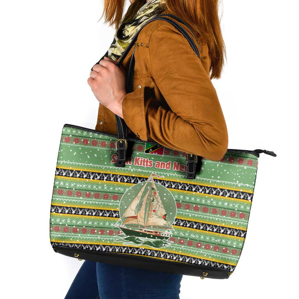 Saint Kitts and Nevis Christmas Leather Tote Bag with Green Red Black Xmas Sailboat and Map - Wonder Print Shop